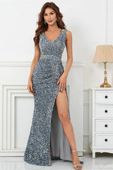 Sliver V Neck Mermaid Sleeveless Prom Dress With Split Sequins