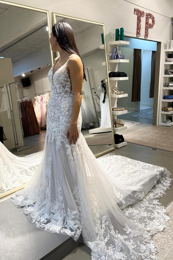 Spagetti-Straps Sleeveless Mermaid Wedding Dress Lace V-Neck-27dress