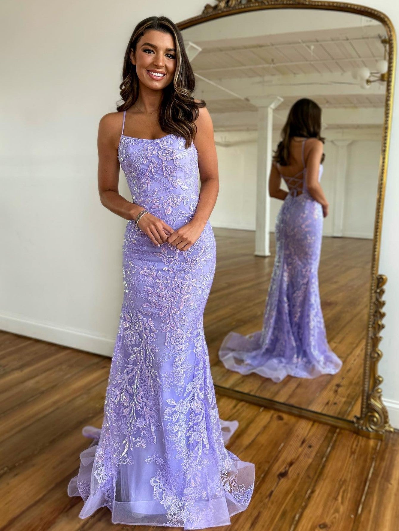 Spaghetti Strap Backless Sleeveless Mermaid Long Prom Dress With Appliques