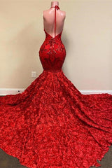 Spaghetti Strap Halter Sleeveless V Neck Mermaid Red Prom Dress Sequins