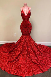 Spaghetti Strap Halter Sleeveless V Neck Mermaid Red Prom Dress Sequins