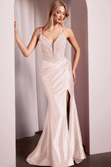 Spaghetti Strap Long Mermaid Prom Dress With Split Beading Pleated