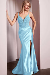 Spaghetti Strap Long Mermaid Prom Dress With Split Beading Pleated