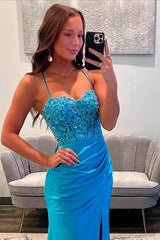 Spaghetti Strap Sleeveless Long Mermaid Prom Dress With Appliques