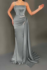 Spaghetti Strap Sleeveless Long Mermaid Prom Dress With Pleated Beading