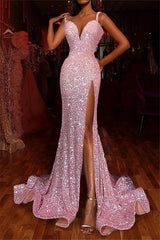 Spaghetti Strap Sleeveless Long Mermaid Sequins Prom Dress With Side Split