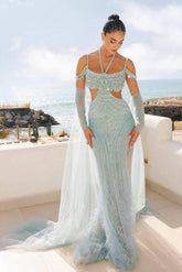 Spaghetti Strap Sleeveless Long Prom Dress With Beading Tulle