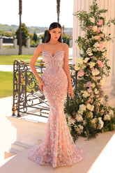 Spaghetti Strap Sleeveless Mermaid Appliques Long Prom Dress With Beadings
