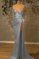 Spaghetti Strap Sleeveless Mermaid Long Prom Dress With Split Beading