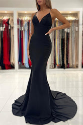 Spaghetti Strap V Neck Black Sleeveless High Waist Long Mermaid Prom Dress