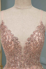 Spaghetti Strap V Neck Sleeveless Prom Dress With Beading Appliques