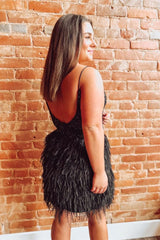 Spaghetti Straps Black Beaded Homecoming Dress with Feathers-27dress