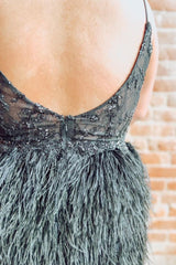 Spaghetti Straps Black Beaded Homecoming Dress with Feathers-27dress