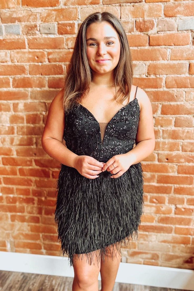 Spaghetti Straps Black Beaded Homecoming Dress with Feathers-27dress