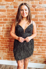 Spaghetti Straps Black Beaded Homecoming Dress with Feathers-27dress
