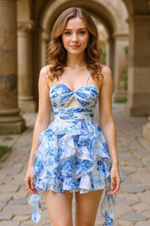Spaghetti Straps Blue Chiffon Flower A-line Printed Homecoming Dress
