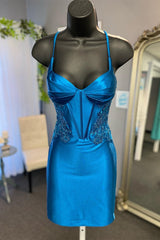 Spaghetti Straps Blue Sheath Homecoming Dress with Appliques-27dress