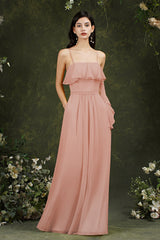 Spaghetti-Straps Bridesmaid Dress Chiffon With Pockets Ruffles-27dress