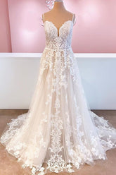 Spaghetti-Straps Lace Appliques Wedding Dress Sleeveless-27dress