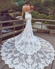 Spaghetti-Straps Lace Wedding Dress Mermaid Bridal Gowns Sleeveless-27dress