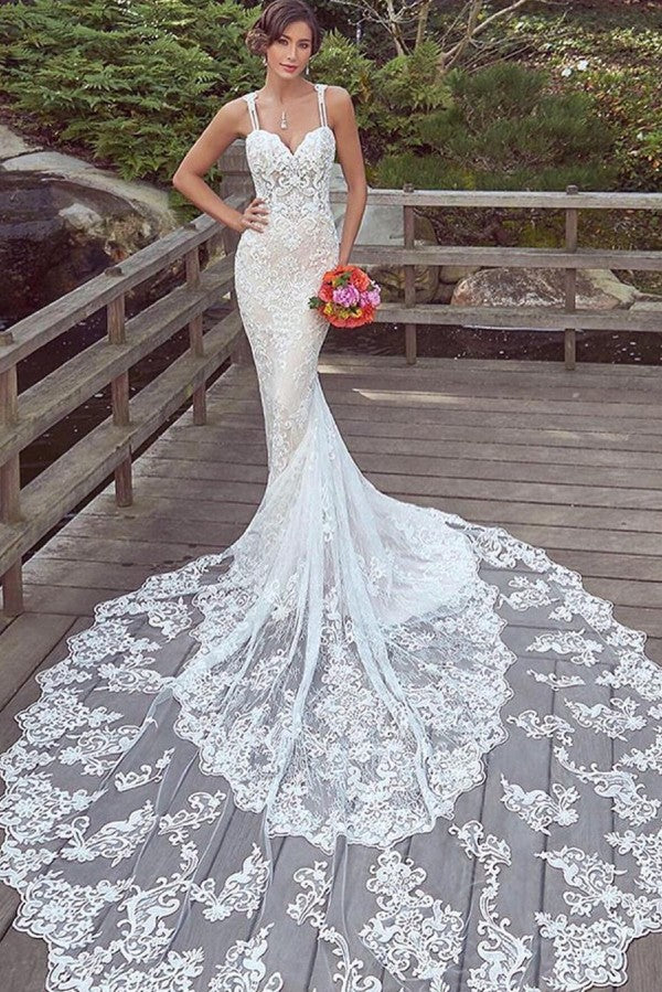 Spaghetti-Straps Lace Wedding Dress Mermaid Bridal Gowns Sleeveless-27dress