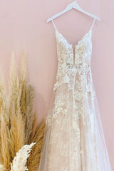 Spaghetti-Straps Lace Wedding Dress Sleeveless With Lace Appliques-27dress
