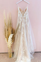Spaghetti-Straps Lace Wedding Dress Sleeveless With Lace Appliques-27dress