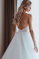 Spaghetti-Straps Lace Wedding Dress Tulle Sleeveless Backless-27dress