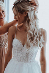 Spaghetti-Straps Lace Wedding Dress Tulle Sleeveless Backless-27dress