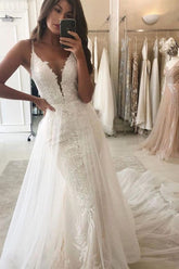 Spaghetti-Straps Mermaid Wedding Dress Lace With Tulle Overlay-27dress