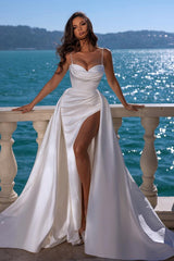 Spaghetti-Straps Mermaid Wedding Dress Overskirt Sleeveless-27dress