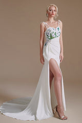 Spaghetti-Straps Mermaid Wedding Dress Split With Print-27dress