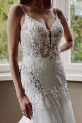 Spaghetti-Straps Open Back Wedding Dress With Appliques Sleeveless-27dress