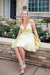 Spaghetti Straps Short Yellow A-line Homecoming Dress-27dress