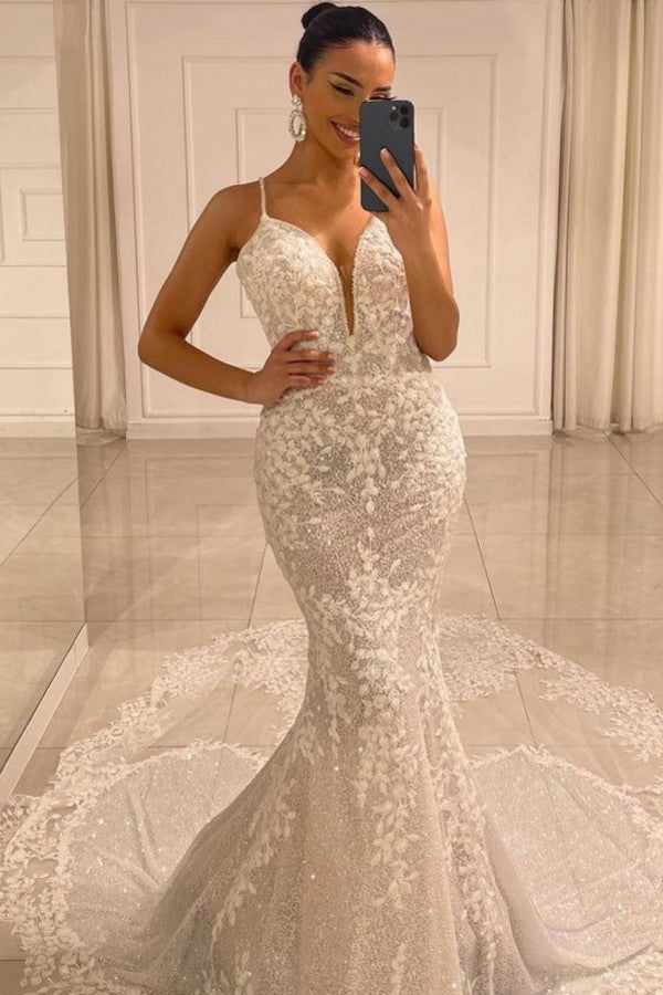 Spaghetti-Straps Sleeveless Wedding Dress Lace Mermaid Long-27dress
