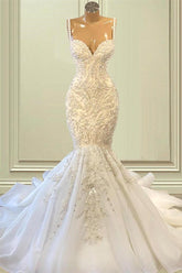 Spaghetti-Straps Sleeveless Wedding Dress Mermaid Long With Beadings-27dress