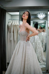 Spaghetti-Straps Sleeveless Wedding Dress Sequins Long-27dress