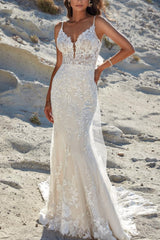 Spaghetti Straps Sweetheart Mermaid Lace Wedding Dress-27dress