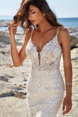 Spaghetti Straps Sweetheart Mermaid Lace Wedding Dress-27dress