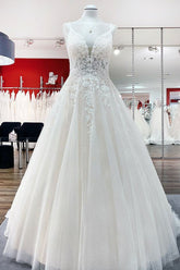Spaghetti Straps Tulle Lace Appliques A-Line Wedding Dresses-27dress