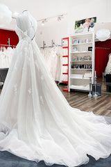 Spaghetti Straps Tulle V Neck Ivory Ruffles Wedding Dresses With Lace-27dress