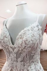 Spaghetti Straps Tulle V Neck Ivory Ruffles Wedding Dresses With Lace-27dress