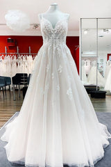 Spaghetti Straps Tulle V Neck Ivory Ruffles Wedding Dresses With Lace-27dress