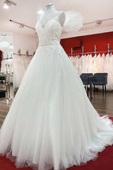 Spaghetti Straps Tulle V Neck Ruffles Backless Wedding Dresses-27dress
