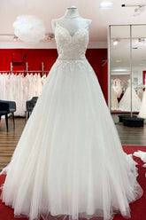 Spaghetti Straps Tulle V Neck Ruffles Backless Wedding Dresses-27dress