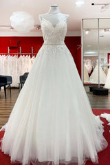 Spaghetti Straps Tulle V Neck Ruffles Backless Wedding Dresses-27dress