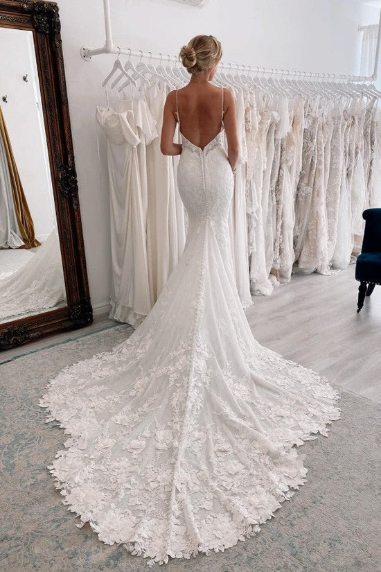Spaghetti-Straps V-Neck Mermaid Wedding Dress Sleeveless Lace Appliques-27dress