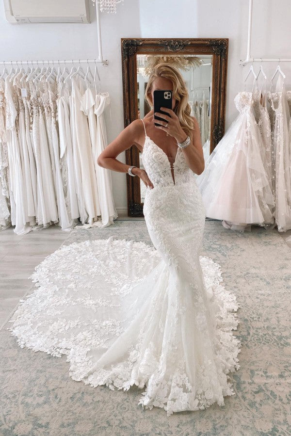 Spaghetti-Straps V-Neck Mermaid Wedding Dress Sleeveless Lace Appliques-27dress