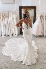 Spaghetti-Straps V-Neck Mermaid Wedding Dress Sleeveless Lace Appliques-27dress