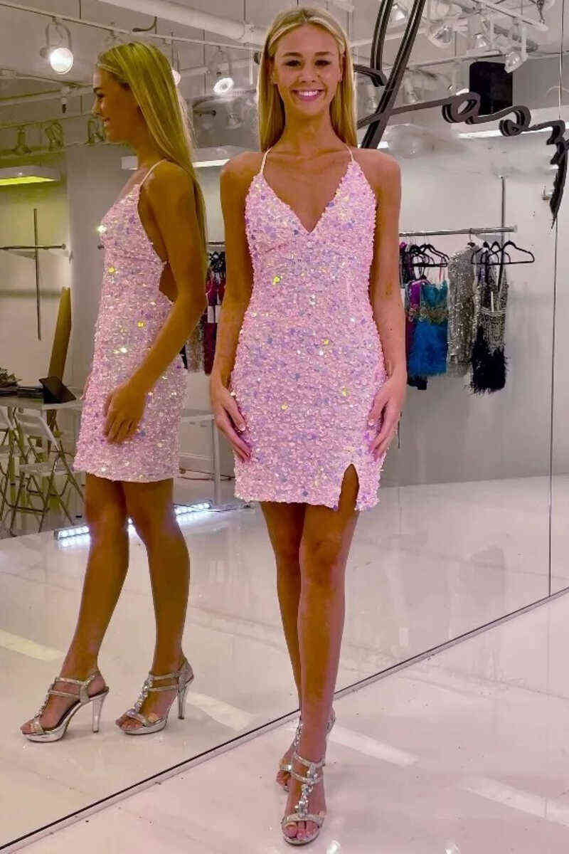 Spaghetti Straps V-Neck Pink Sheath Homecoming Dress-27dress